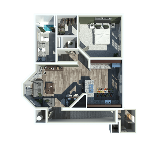 A series of images showing different views of a small apartment layout.